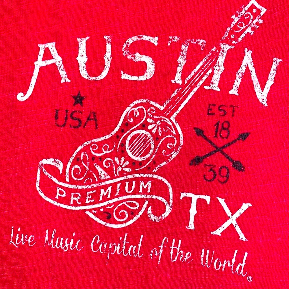 RARE Premium 51 AUSTIN TEXAS USA MUSIC CAPITAL red distressed cotton tee t shirt